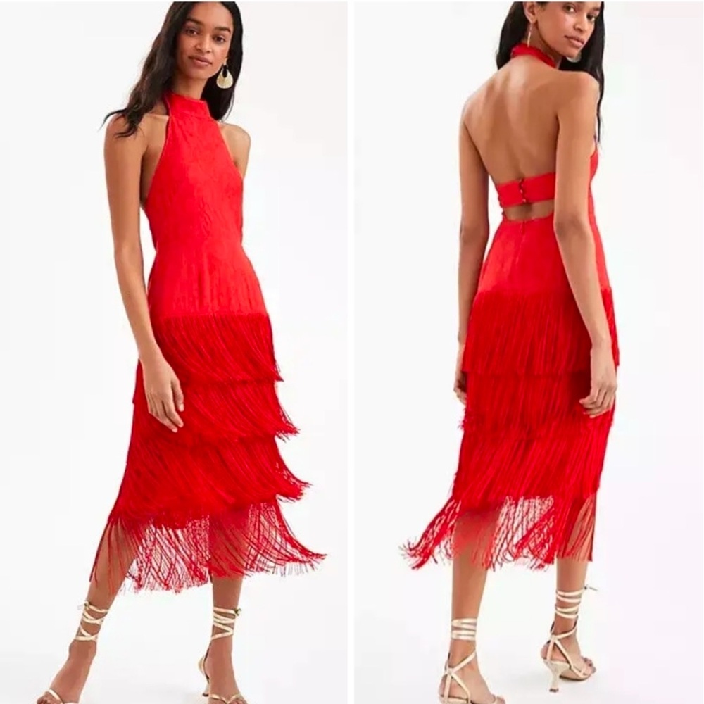 Anthropologie Red Fringe Halter Midi Dress